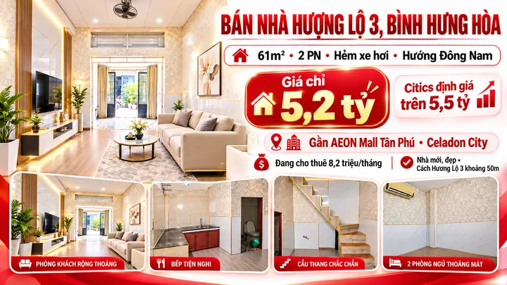 Bán nhà Hương Lộ 3, Bình Hưng Hòa 61m², gần AEON Mall Tân Phú – 5,2 tỷ