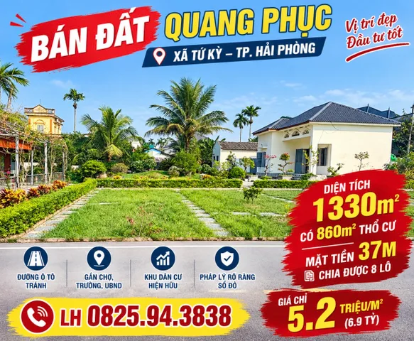 Bán Đất 1330m2 có sẵn 860 m2 thổ cư giá 6.9 tỷ tại Xã Quang Phục Huyện Tứ Kỳ Hải Dương