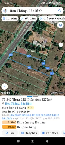 Bán Đất 2376m2 giá 7.5 tỷ tại Xã Hòa Thắng Huyện Bắc Bình Bình Thuận