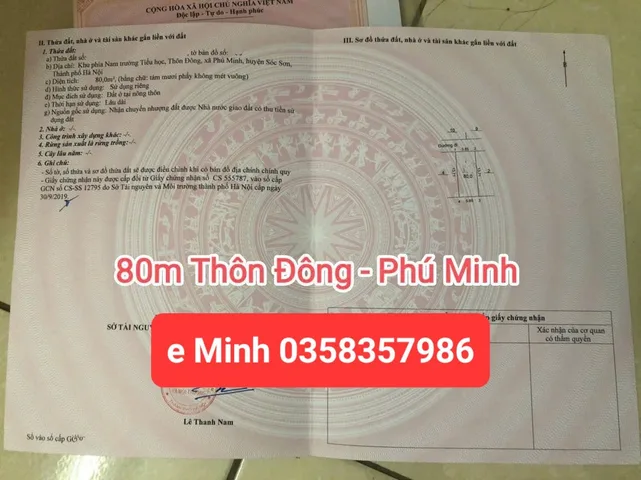 Bán Đất 80m2 có sẵn 80 m2 thổ cư giá 3.58 tỷ tại Xã Phú Minh Huyện Sóc Sơn Hà Nội