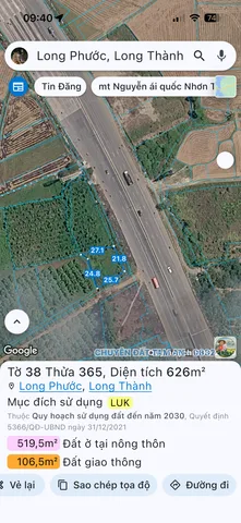 Bán Đất 626m2 giá 6 tỷ tại Xã Long Phước Huyện Long Thành Đồng Nai
