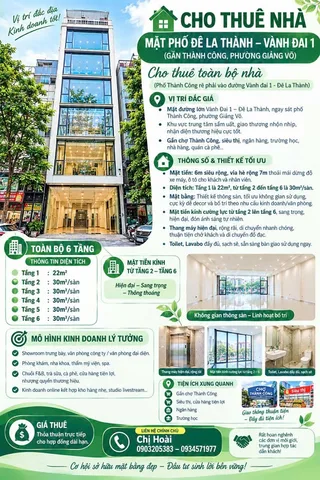 ✨Chính chủ cho thuê cả nhà mặt phố Vành đai 1 - Đê La Thành, Hà Nội; 0934571977