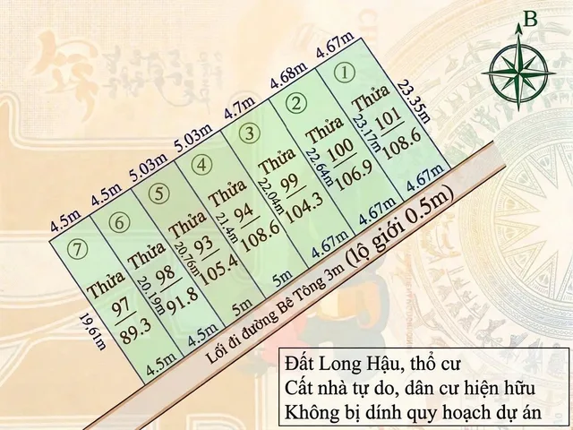 Đất - full thổ cư - 4,5M x 20,M  công nhận trên sổ 91,8m2 - đường Lê Văn Lương nối dài - Long Hậu - Long An