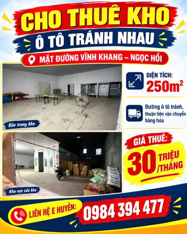 CHO THUÊ KHO XƯỞNG 250m TẠI MẶT ĐƯỜNG VĨNH KHANG- NGỌC HỒI- THANH TRÌ- TP HÀ NỘI