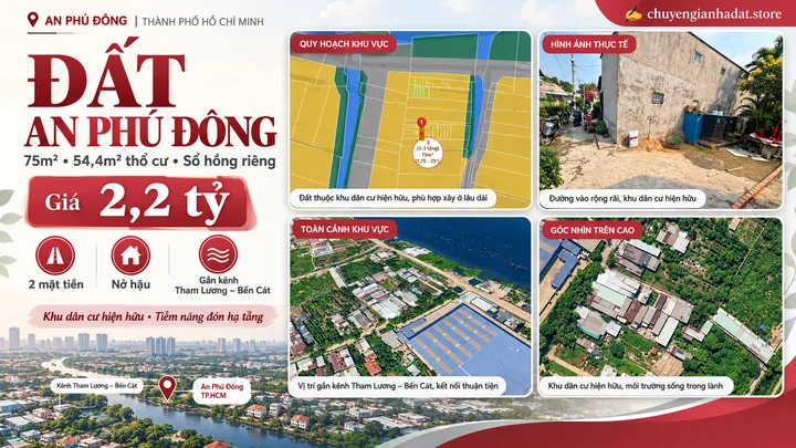 Bán đất An Phú Đông 75m², 54,4m² thổ cư, gần kênh Tham Lương – Bến Cát – 2,2 tỷ