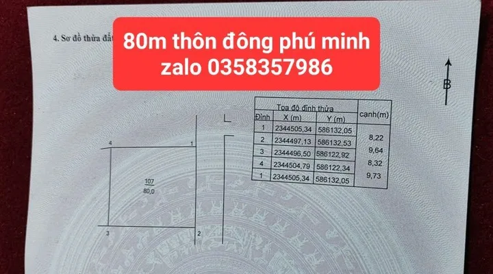 Bán Đất 80m2 có sẵn 80 m2 thổ cư giá 3.48 tỷ tại Xã Phú Minh Huyện Sóc Sơn Hà Nội