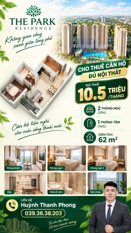 Cho thuê 2PN1WC 62m2 - 10.5 triệu/tháng - The Park Residence