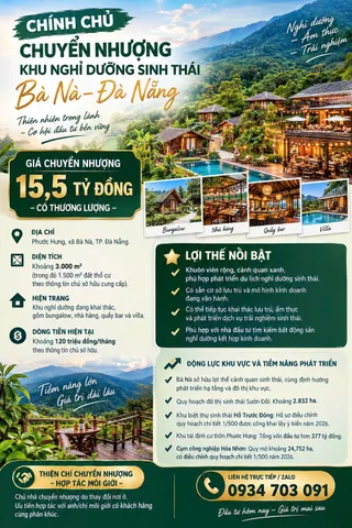 CHÍNH CHỦ CHUYỂN NHƯỢNG KHU NGHỈ DƯỠNG SINH THÁI BÀ NÀ – ĐÀ NẴNG - GIÁ CHUYỂN NHƯỢNG: 15,5 TỶ ĐỒNG – CÓ THƯƠNG LƯỢNG