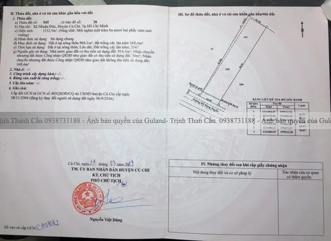 Bán Đất 1132m2 có sẵn 964 m2 thổ cư giá 7.7 tỷ tại Đường Đỗ Đăng Tuyến Xã Nhuận Đức Huyện Củ Chi TP. Hồ Chí Minh