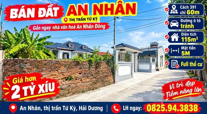 Bán Đất 115m2 có sẵn 115 m2 thổ cư giá 2.29 tỷ tại Nhà văn Hoá An Nhân Đông Thị trấn Tứ Kỳ Huyện Tứ Kỳ Hải Dương