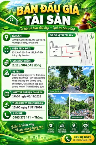 Bán Đất 268.2m2 có sẵn 131.3 m2 thổ cư giá 2.12 tỷ tại Đường Huỳnh Thị Nỡ Phường Thường Thạnh Quận Cái Răng Cần Thơ