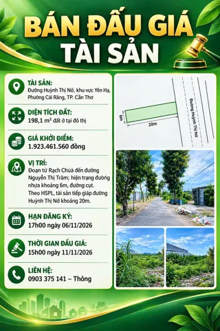 Bán Đất 198.1m2 có sẵn 198.1 m2 thổ cư giá 1.93 tỷ tại Đường Huỳnh Thị Nỡ Phường Thường Thạnh Quận Cái Răng Cần Thơ