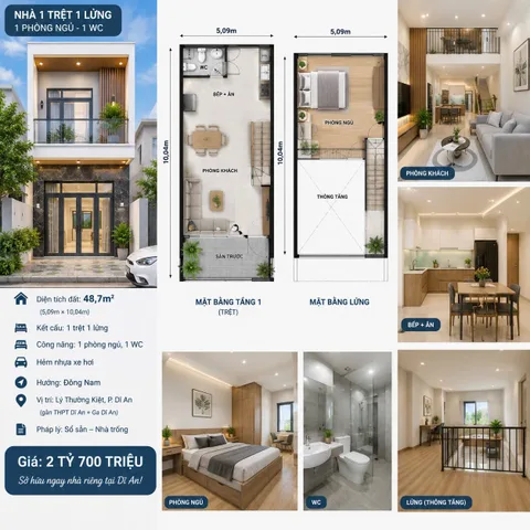 TÀI CHÍNH CHỈ 2.7 TỶ - SỞ HỬU NGAY NGÔI NHÀ RIÊNG TẠI ĐƯỜNG LÝ THƯỜNG KIỆT - PHƯỜNG DĨ AN .HCM ! DT 50M2 ( NGANG 5,09M) NHÀ 1 TRỆT 1 LỬNG. TL TỐT .