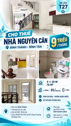 Cho thuê Nhà riêng 90m2 giá 9 triệu tại Đường Bình Thành Phường Bình Hưng Hoà B Quận Bình Tân TP. Hồ Chí Minh