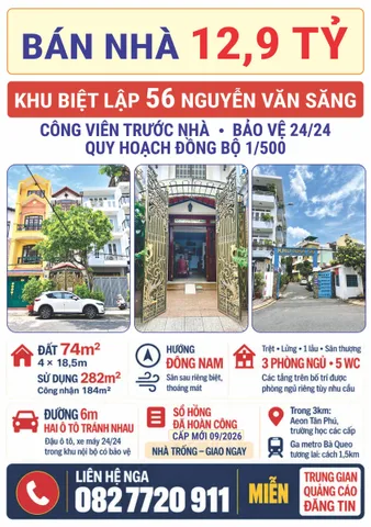 Bán Nhà ĐẸP trong KHU BIỆT LẬP 56 Nguyễn Văn Săng giá chỉ 12.9 tỷ (4x18.5m=74m²)