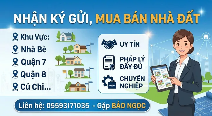 Nhận mua bán ký gửi Nhà đất Khu vực Nhà Bè, Quận 7,Quận 8,Củ Chi, Tư vấn miễn phí. 
Liên Hệ: 0559371035 gặp Bảo Ngọc