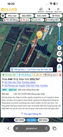 Bán Đất 1231m2 giá 700 triệu tại Xã Phong Lạc Huyện Trần Văn Thời Cà Mau