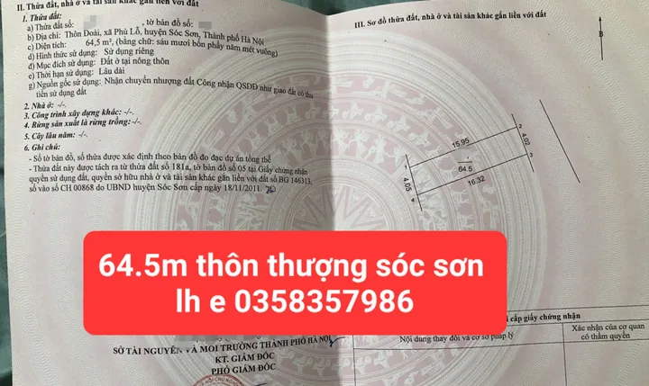 Bán Đất 64.5m2 có sẵn 64.5 m2 thổ cư giá 4.35 tỷ tại Xã Phù Lỗ Huyện Sóc Sơn Hà Nội