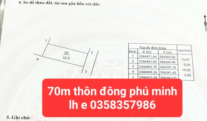 Bán Đất 70m2 có sẵn 70 m2 thổ cư giá 3.65 tỷ tại Xã Phú Minh Huyện Sóc Sơn Hà Nội