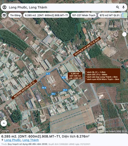Đất mặt tiền Hương Lộ 12 gần sân bay Long Thành 6km / gần kề cụm KCN Nhơn Trạch / Diện tích 6.285 m2 (đã có 600 m2 thổ cư)