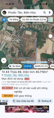 Bán Đất SKC -  45710m2 giá 137 tỷ tại Xã Phước Tân Thành phố Biên Hòa Đồng Nai