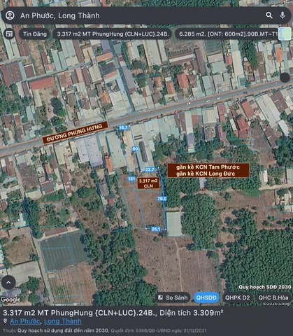 Đất mặt tiền đường Phùng Hưng - An Phước - Long Thành / Diện tích 3.317 m2 / gần kề KCN Tam Phước