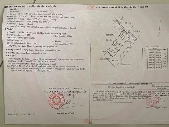 Bán Nhà riêng 300m2 có sẵn 297 m2 thổ cư giá 6.2 tỷ. Gần Dương Công Khi. Thới Tây 1. Tân Hiệp Huyện Hóc Môn TP. Hồ Chí Minh