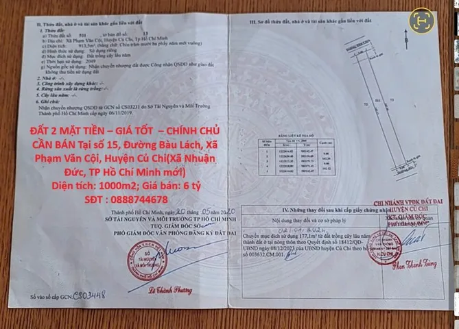 ĐẤT 2 MẶT TIỀN – GIÁ TỐT  – CHÍNH CHỦ CẦN BÁN Tại số 15, Đường Bàu Lách, Xã Phạm Văn Cội, Huyện Củ Chi