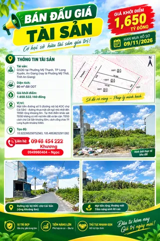 Bán Đất 80m2 có sẵn 80 m2 thổ cư giá 1.65 tỷ tại Phường Mỹ Thạnh Thành phố Long Xuyên An Giang