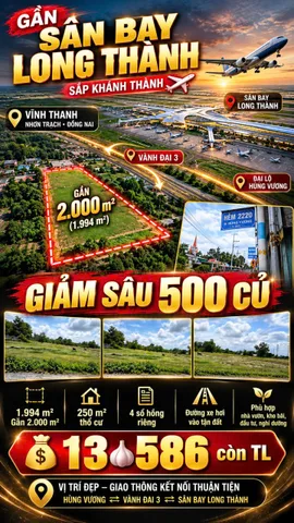 Bán Đất 2024m2 có sẵn 1994 m2 thổ cư giá 13.59 tỷ tại Đường Hùng Vương Xã Vĩnh Thanh Huyện Nhơn Trạch Đồng Nai