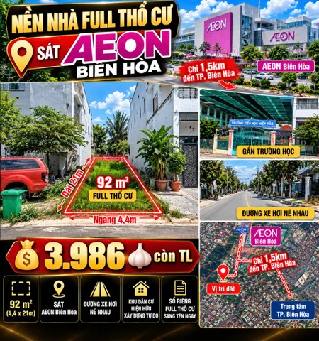 Bán Đất 92m2 có sẵn 92 m2 thổ cư giá 3.99 tỷ tại Đường Đỗ Văn Thi Phường Hiệp Hòa Thành phố Biên Hòa Đồng Nai