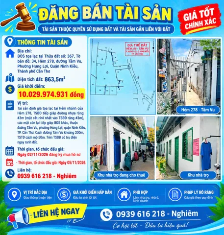 Bán Nhà trọ 863.5m2 có sẵn 150 m2 thổ cư giá 10.03 tỷ tại Đường Tầm Vu Phường Hưng Lợi Quận Ninh Kiều Cần Thơ