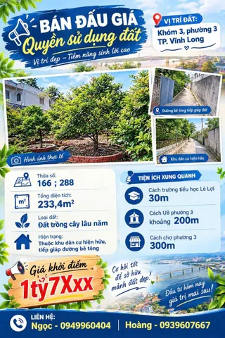 Bán Đất 234.4m2 giá 1.72 tỷ tại Phường 3 Thành phố Vĩnh Long Vĩnh Long