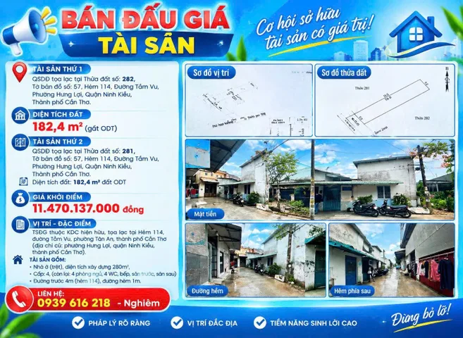 Bán Nhà trọ 364.8m2 có sẵn 364.8 m2 thổ cư giá 11.47 tỷ tại Đường Tầm Vu Phường Hưng Lợi Quận Ninh Kiều Cần Thơ