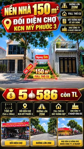 Bán Đất 150m2 có sẵn 150 m2 thổ cư giá 5.59 tỷ tại Đường NJ17 Phường Mỹ Phước Thị xã Bến Cát Bình Dương