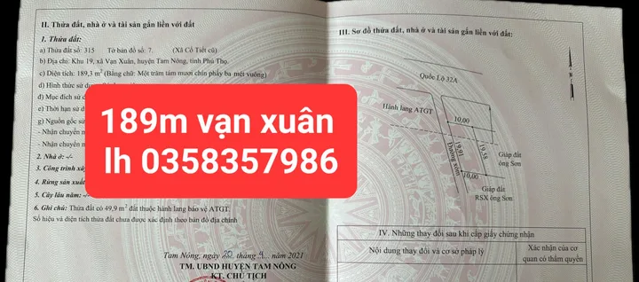 Bán Đất 189.3m2 có sẵn 100 m2 thổ cư giá 4.95 tỷ tại Xã Cổ Tiết Huyện Tam Nông Phú Thọ