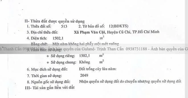 Bán Đất 1503m2 có sẵn 670 m2 thổ cư giá 12 tỷ tại Đường Bàu Lách Xã Phạm Văn Cội Huyện Củ Chi TP. Hồ Chí Minh