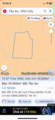 Bán Đất 10000m2 giá 12 tỷ tại Xã Tân An Huyện Vĩnh Cửu Đồng Nai
