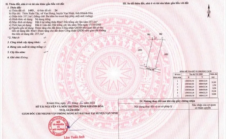 Bán Đất 337.1m2 có sẵn 80 m2 thổ cư giá 2.36 tỷ tại - Chọn - Xã Tu Bông Khánh Hòa