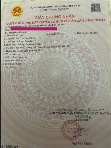 Bán Đất 188m2 thổ cư giá 10.34 tỷ tại Đường Gia Thượng Thị trấn Quang Minh Huyện Mê Linh Hà Nội