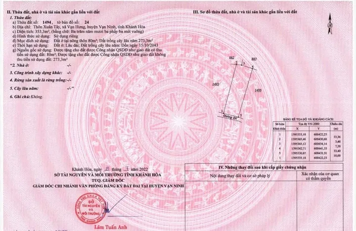 Bán Đất 353m2 có sẵn 80 m2 thổ cư giá 2.47 tỷ tại - Chọn - Xã Tu Bông Khánh Hòa