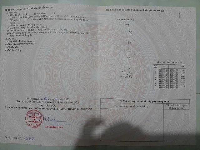 Bán lô đất giá rẻ ở Khánh Đông , KHÁNH VĨNH . DT 1128m2 , đất CLN . Trên đất có bưởi , mít , xoài . GIÁ CHỈ 290 triệu bao giấy tờ