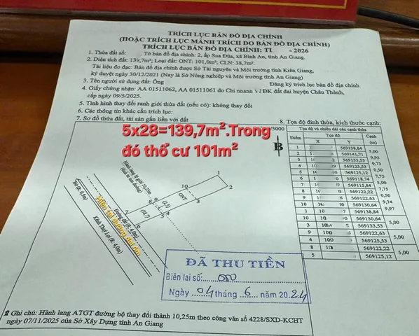 Bán Đất 139.7m2 có sẵn 101 m2 thổ cư giá 750 triệu tại Đường Mai Thị Hồng Hạnh Phường Rạch Sỏi Thành phố Rạch Giá Kiên Giang