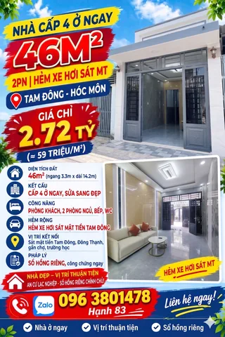 ✅ TAM ĐÔNG ĐÔNG THẠNH - HXH SÁT MẶT TIỀN - SỔ RIÊNG 46M² - GIÁ 2.72 TỶ