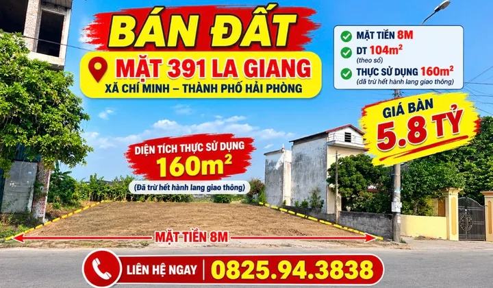 Bán Đất 104m2 có sẵn 100 m2 thổ cư giá 5.8 tỷ tại Đường 391 Xã Văn Tố Huyện Tứ Kỳ Hải Dương