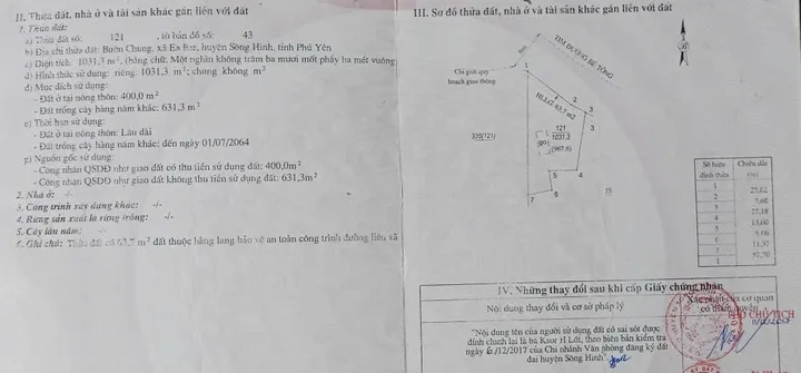 Bán Đất 1031m2 có sẵn 400 m2 thổ cư giá 750 triệu tại Xã EaBar Huyện Sông Hinh Phú Yên