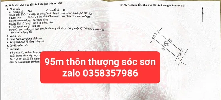 Bán Đất 95m2 có sẵn 95 m2 thổ cư giá 2.85 tỷ tại Xã Đông Xuân Huyện Sóc Sơn Hà Nội