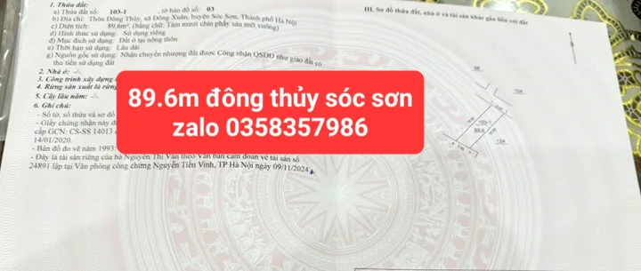 Bán Đất 89.6m2 có sẵn 89.6 m2 thổ cư giá 2.86 tỷ tại Xã Đông Xuân Huyện Sóc Sơn Hà Nội