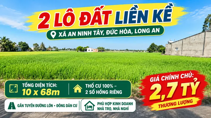 Chính chủ bán gấp 2 lô đất liền kề tại xã An Ninh Tây, Đức Hoà, Long An