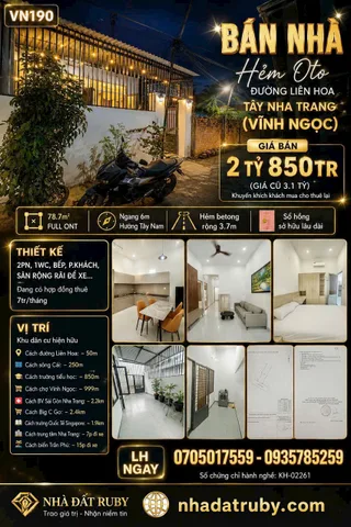 BÁN NHÀ HẺM ÔTÔ ĐƯỜNG LIÊN HOA (VĨNH NGỌC) - TÂY NHA TRANG
